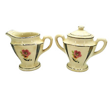 PORCELAIN Creamer Sugar Bowl & Lid FLOWERS FLORAL Platinum Edge Ceramic 1930's picture