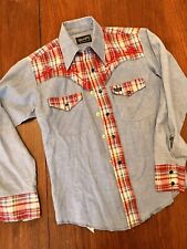 Vintage Rockabilly Wrangler Western Shirt Kid L 14 Embroidery Red Maroon denim picture