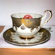 Vintage Rare Paragon Bone China Teacup and Saucer Antique Rose Gray and Gold picture