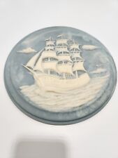 Vintage Incolay Wall Plaque Three Mast Sailing Ship Blue White Picture  picture