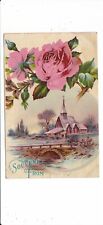 big pink rose church bridge Souvenir From antique postcard picture