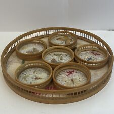 Vintage Bamboo Pressed Butterfly Tray and Coaster Set 1970s picture