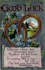 1911 GOOD LUCK DOUBLE HORSESHOE 4 LEAF CLOVERS FLORAL EMBOSSED POSTCARD 39-32 picture