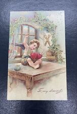 1907 Valentine Angel Stitching Hearts Big Scissors Embossed Postcard picture