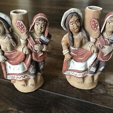 Vintage Peruvian Pottery Figures Set Of 2 Vases Musicians Figural Folk Art Rare picture