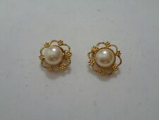 Vintage Pair Gold Tone With White Setting Clip Earrings  D7 picture