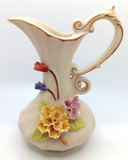 Small Vintage China Capodimonte Style Pitcher Vase With 3D Sculpted Flowers picture