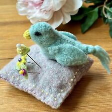 Primitive Wool Bluebird Bird Pin Cushion Handmade Felted OOAK Spring Easter Tuck picture