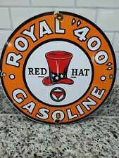 VINTAGE RED HAT PORCELAIN SIGN ROYAL 400 FUEL GAS STATION PUMP PLATE SERVICE12