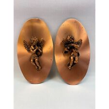 Vtg 3D Angel Cherub Wall Plaque Oval Copper Hanging MCM Set 2 Gift Decor Hanging picture