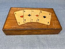 Vintage Double Deck Playing Cards Poker Chips Dice Carved Wooden Box Full picture