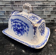 Antique Victorian Staffordshire England Cheese Keeper Ornate Handle Blue & White picture