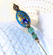 HATPIN with TEAL Oval Japan TENSHA Bead W/ Flowers on Gold Finish Setting - 8 in picture