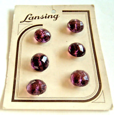 6 Fine Vintage Small Transparent Purple Glass Buttons With Square Facets on Card picture
