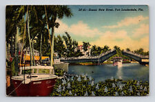 1952 Linen Postcard Fort Lauderdale FL Florida Scenic New River Drawbridge Boats picture