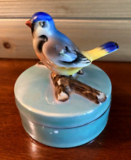 VTG Noritake Powder Box Bird Finial Turquoise Blue Luster Trinket Box Art Deco picture
