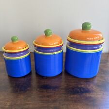 Dansk Caribe Ceramic Canisters Jars w/Lids Blue Orange Colorful Set of 3 picture