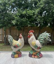 Ceramic Vintage 13in Rooster & 12in Hen Green Tail Feathers With Grapes & Fruit picture