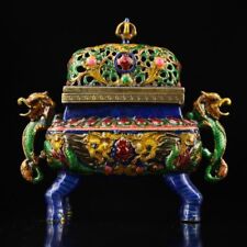 16cm fengshui noble Pure copper Cloisonne carved dragon Two ears Incense burner picture