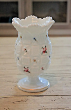 Vintage WESTMORELAND Milk Glass Hand Painted Quilt Pattern w/Roses Footed Vase picture