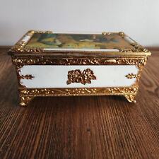 Vintage Victorian Style GoldTone Brass Trinket Box Velvet Lined Courting Couple  picture