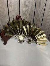 Vintage Lot of 2 Metal Gold Tone Asian Fan Wall Plaques Hanging picture