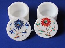 Set of 2 Piece Round Marble Cuff Link Box Pietra Dura Art Jewelry Box 2.5 Inches picture