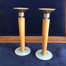 2 MCM Mid Century Modern Danish Teak-Aluminum-Frosted Glass Candlesticks Taiwan picture