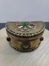 VTG Semi Circle Lidded Trinket Box Brass Inlaid Gem Stone Detailing Handmade  picture