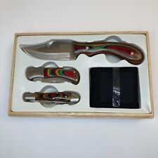 3 Piece Knife Set w/ Wood Box Steel Blades w/ Red / Green Pakkawood Handles picture