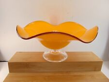 9” Teleflora Orange Tango Handblown Art Glass Ruffled Wave Compote Footed Bowl picture