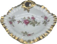 VTG Porcelain Moss Rose W/ Gold Scalloped Edge Handled Candy Dish 9” X 8.25” picture