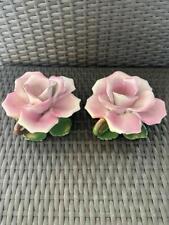 Capodimonte Italian Pink Rose Candle Holder Pair ~ Excellent Vintage picture