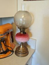 Antique Brass And Pink Cranberry Oil Lamp With Decorative Shade picture