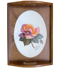 Vintage 1987 Artist Signed Wood Tray Glass Top Watercolor Art Floral Rose 9