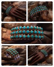 NATIVE AMERICAN Zuni STERLING & TURQUOISE 30-Stone TRIPLE ROW CUFF picture