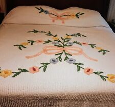 Vintage Chenille Multicolor Queen King Size Bedspread  94x104 Floral Ribbons  picture