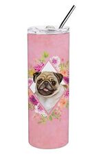 Fawn Pug Pink Flowers Stainless Steel 20 oz Skinny Tumbler CK4174TBL20   New picture