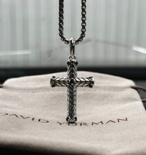 David Yurman 925 Silver Chevron Black Pave Diamonds Cross Pendant & Chain 22 In picture