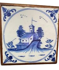 Antique Dutch Delft Blue White Tile Trivet Faience Church Painted Vtg picture