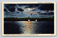 Ohio Fishermans Paradise Scenic Moonlight Night View Sailboat Linen Postcard picture