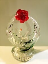 Vintage Glass Basket w Rooster & Hen Green, Red Cadmuim Glow Flower Paperweight picture