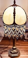 Vintage 6 panel Slag Stain glass Lamp with beads hanging from bottom of shade picture