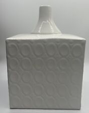 Vintage White Ceramic Mod Geometric Cube Vase Oval Print Glazed 8x8 Square Box picture