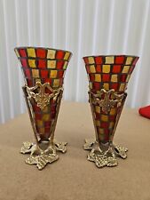  Mosaic Stained Glass Vases 8 Inches Tall Multicolored Gold Metal Grape Holders picture