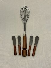 Vintage Wood Handle Balloon Whisk 1970's Bonny Japan Stainless Steel + Spreaders picture