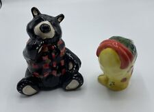 Salt and Pepper Shakers Bear W/ Sweater And Fish Ceramic Great Condition picture