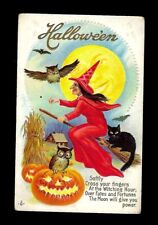 c1912 Stecher Halloween Postcard Red Dressed Witch on a Broom JOL & Black Cat picture
