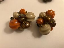VINTAGE ESTATE ORANGE AND TAN BEAD CLUSTER CLIP ON EARRINGS picture