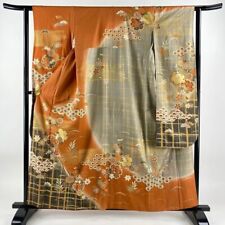 Japanese Kimono Furisode Pure Silk Snowflake Shaped Family Crest Orange picture